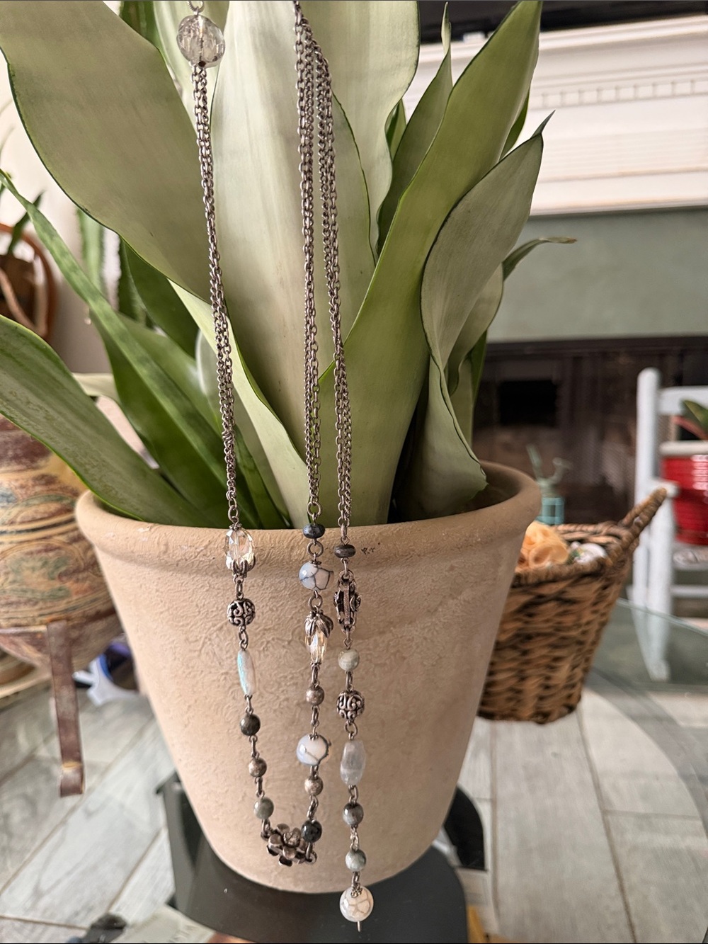 Sweet Romance Silver and White Long Beaded Necklace